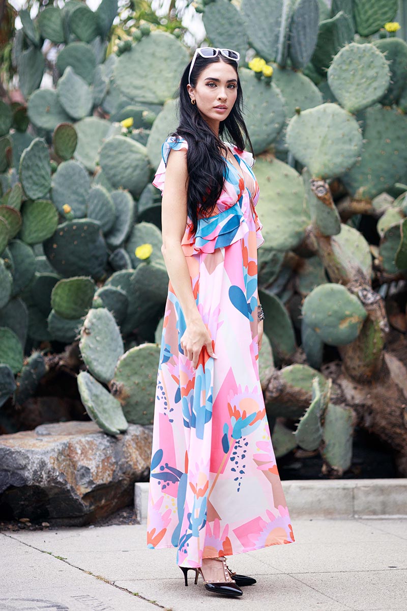 Multi Print Ruffle Maxi Dress