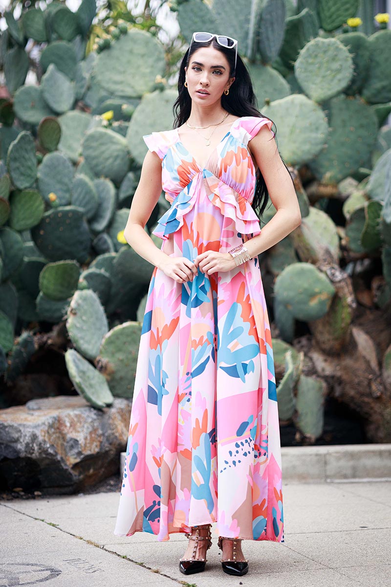 Multi Print Ruffle Maxi Dress