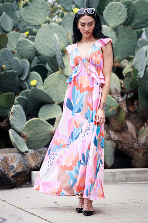 Multi Print Ruffle Maxi Dress