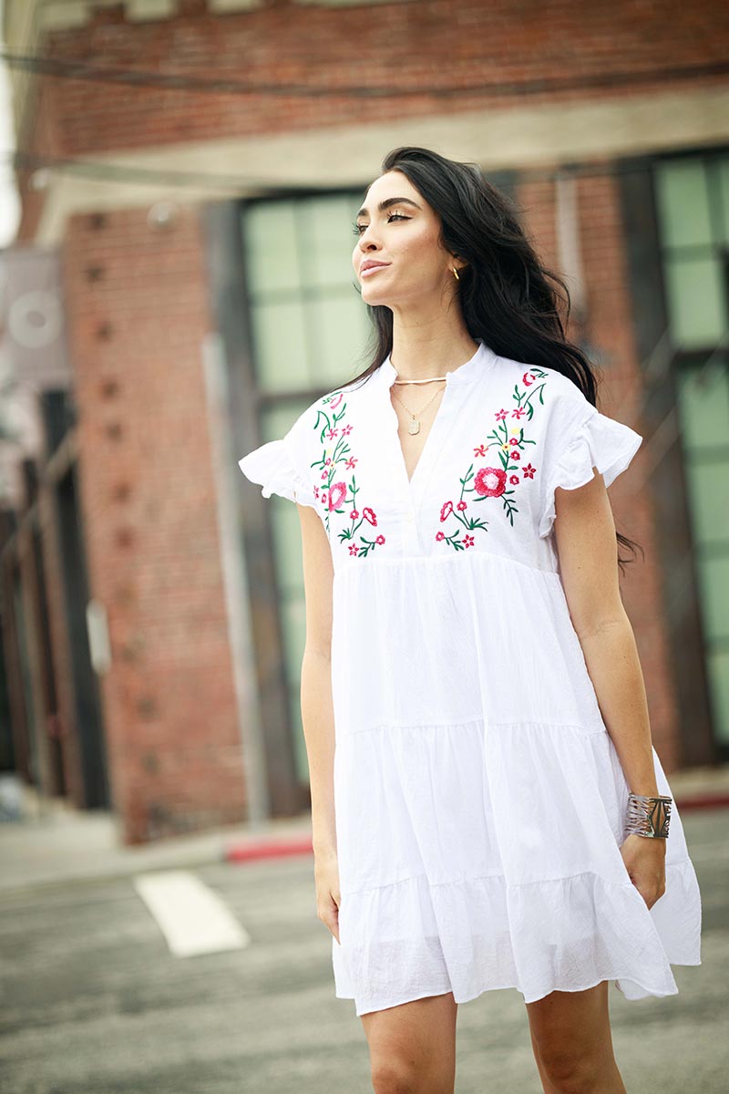 V Neck Floral Embroidery Ruffle Dress