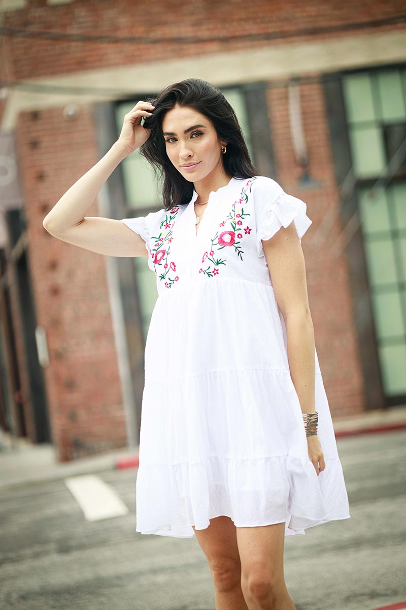 V Neck Floral Embroidery Ruffle Dress