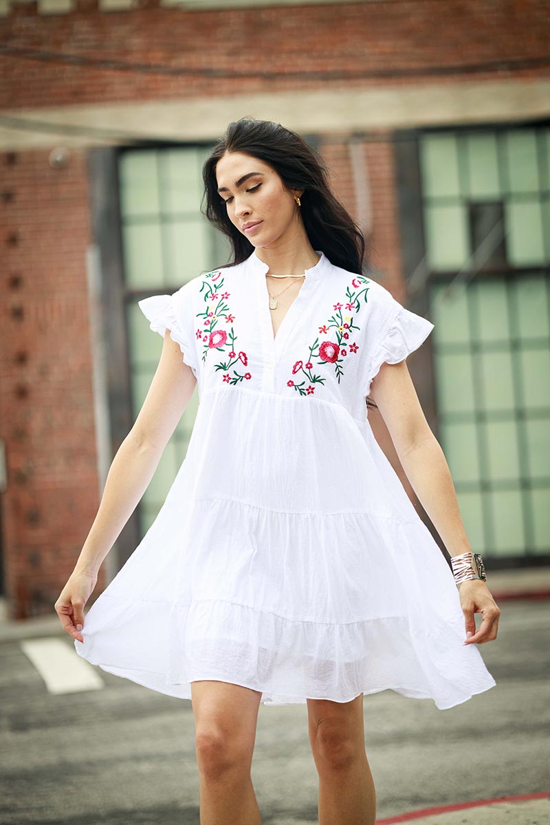 V Neck Floral Embroidery Ruffle Dress