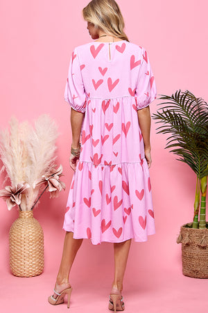Heart  Print Puff Sleeve Midi Dress