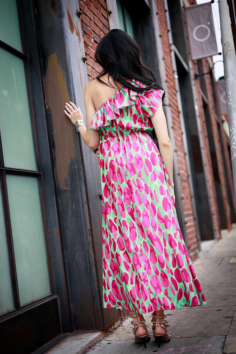 Print Ruffle One Shoulder Maxi Dress