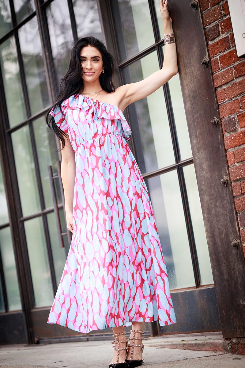 Print Ruffle One Shoulder Maxi Dress