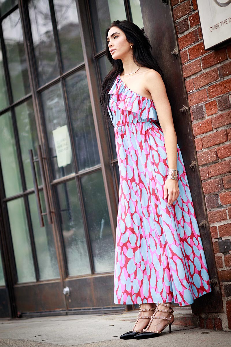 Print Ruffle One Shoulder Maxi Dress