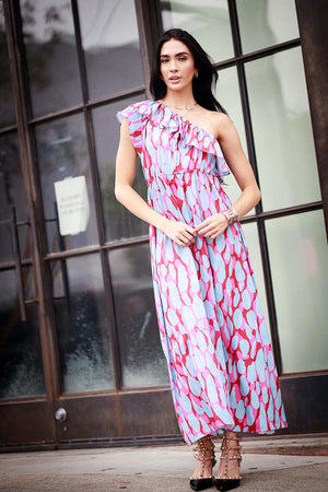 Print Ruffle One Shoulder Maxi Dress