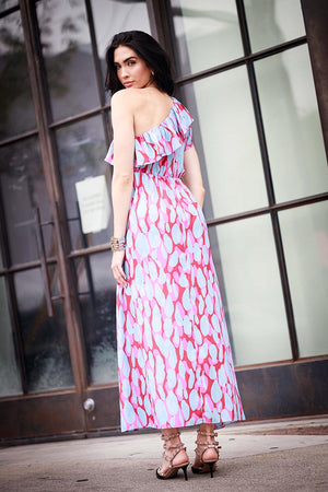 Print Ruffle One Shoulder Maxi Dress