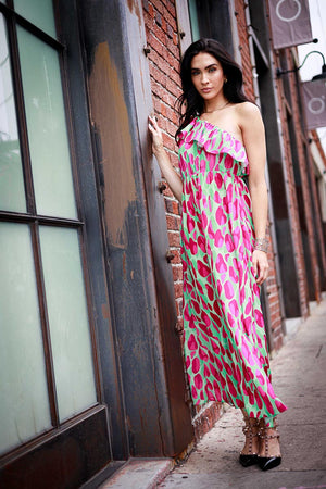 Print Ruffle One Shoulder Maxi Dress