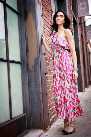 Print Ruffle One Shoulder Maxi Dress