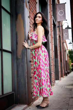 Print Ruffle One Shoulder Maxi Dress