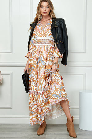 Printed V Neck Long  Balloon Sleeve Maxi Dress