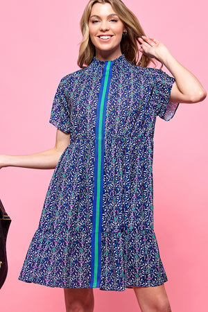 Print Short Sleeve Dress with Contrast Stripe
