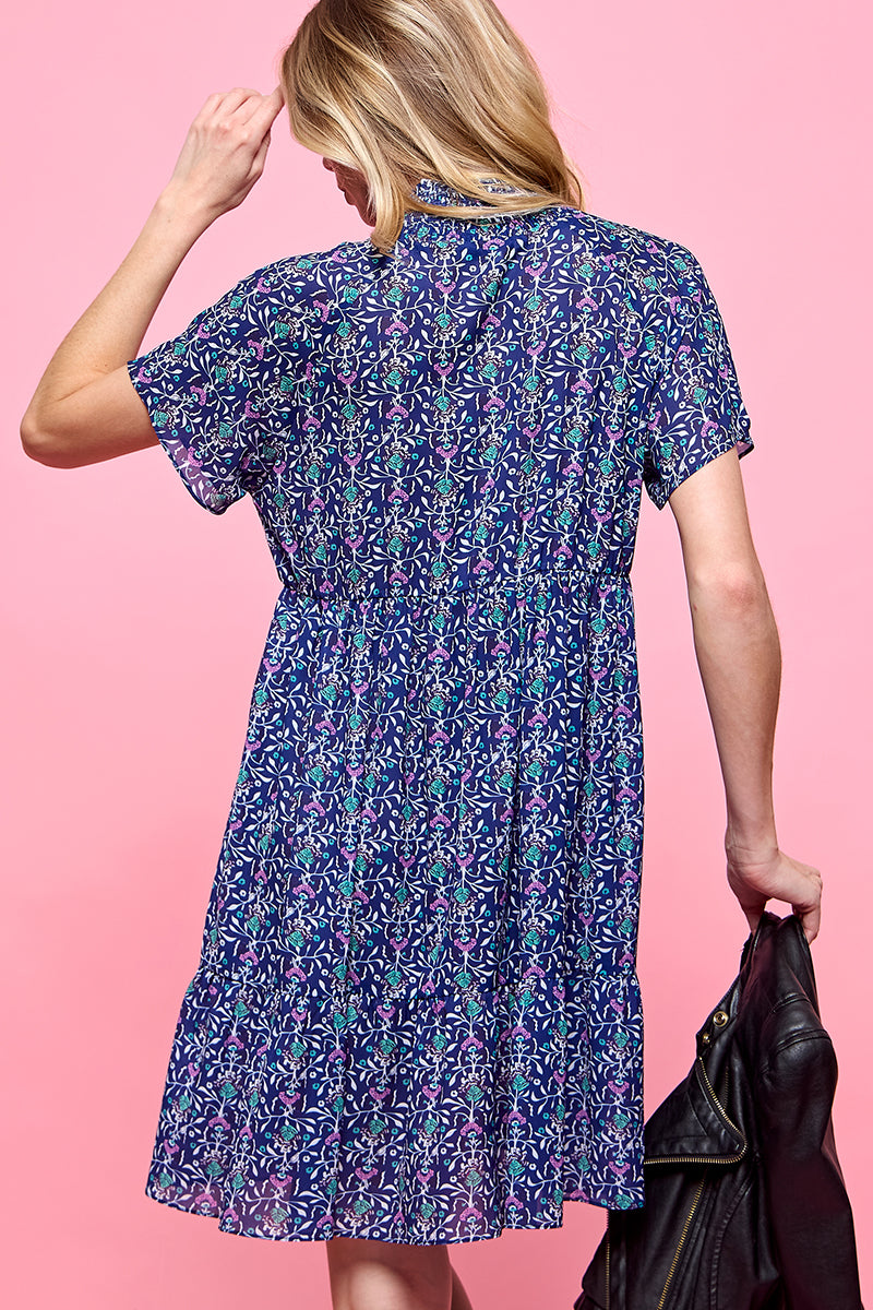 Print Short Sleeve Dress with Contrast Stripe