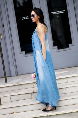 Denim Front Fringe Maxi Dress