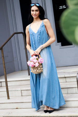 Denim Front Fringe Maxi Dress