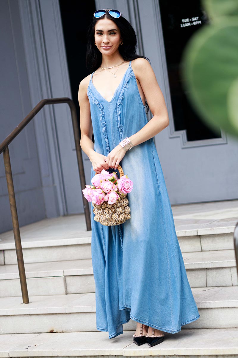 Denim Front Fringe Maxi Dress