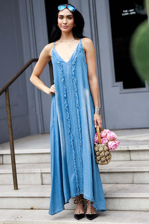 Denim Front Fringe Maxi Dress