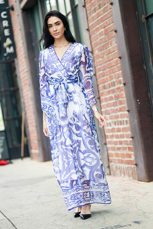 Long Sleeve Print V neck Dress