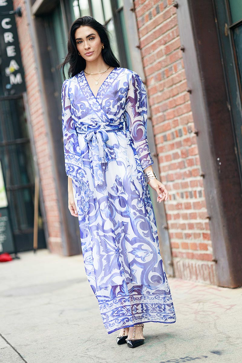 Long Sleeve Print V neck Dress