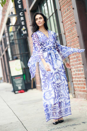 Long Sleeve Print V neck Dress