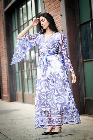 Long Sleeve Print V neck Dress