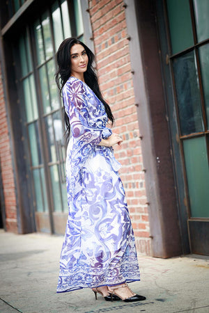 Long Sleeve Print V neck Dress