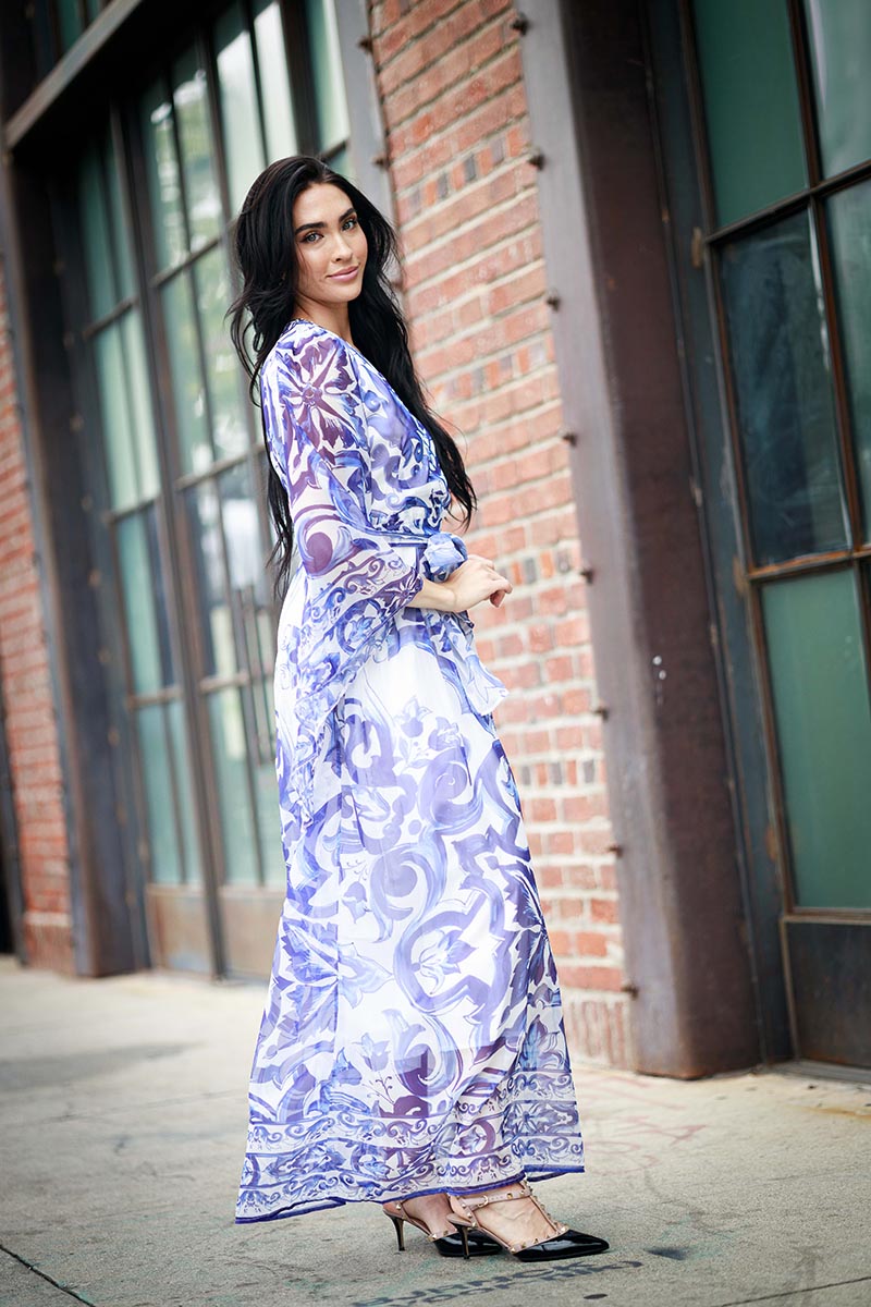 Long Sleeve Print V neck Dress