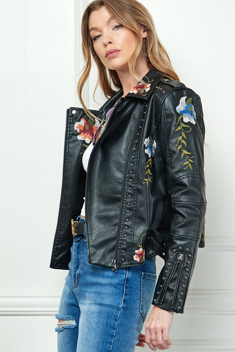 Floral Embroidery Leather Jacket