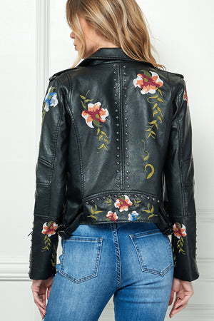 Floral Embroidery Leather Jacket