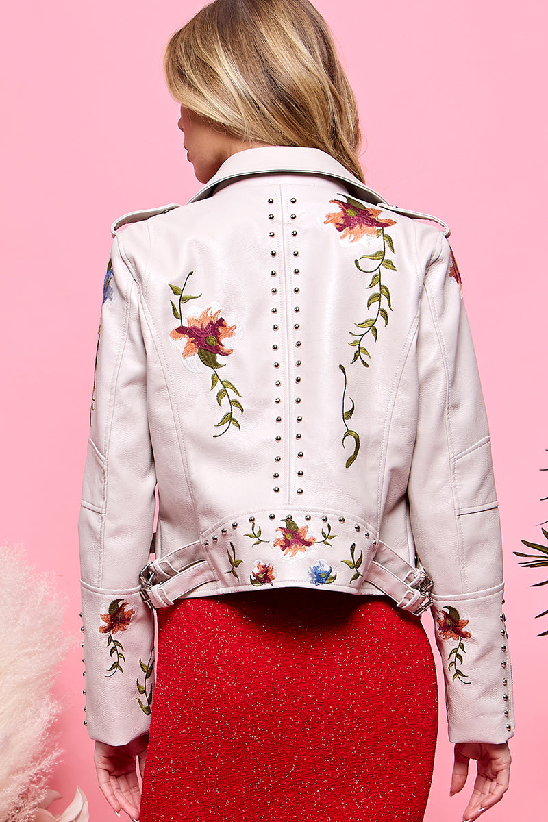 Floral Embroidery Leather Jacket