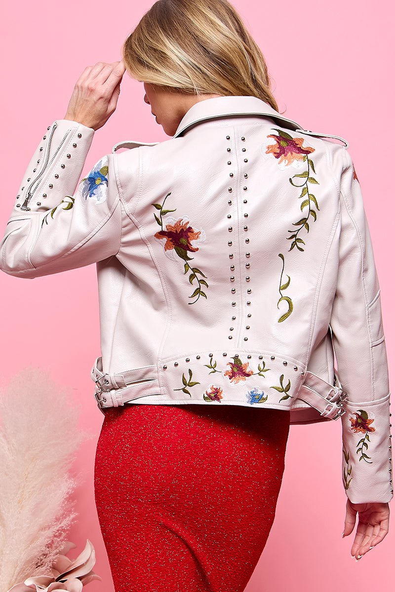 Floral Embroidery Leather Jacket