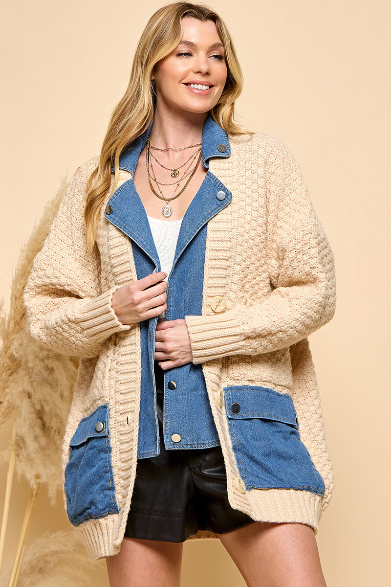 Denim Contrast Waffle Knit Cardigan