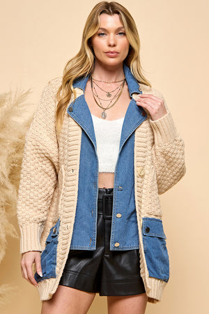 Denim Contrast Waffle Knit Cardigan