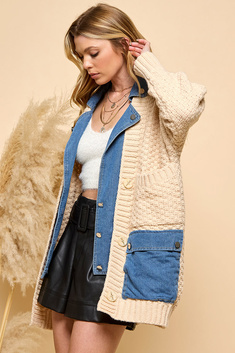 Denim Contrast Waffle Knit Cardigan