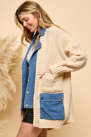 Denim Contrast Waffle Knit Cardigan