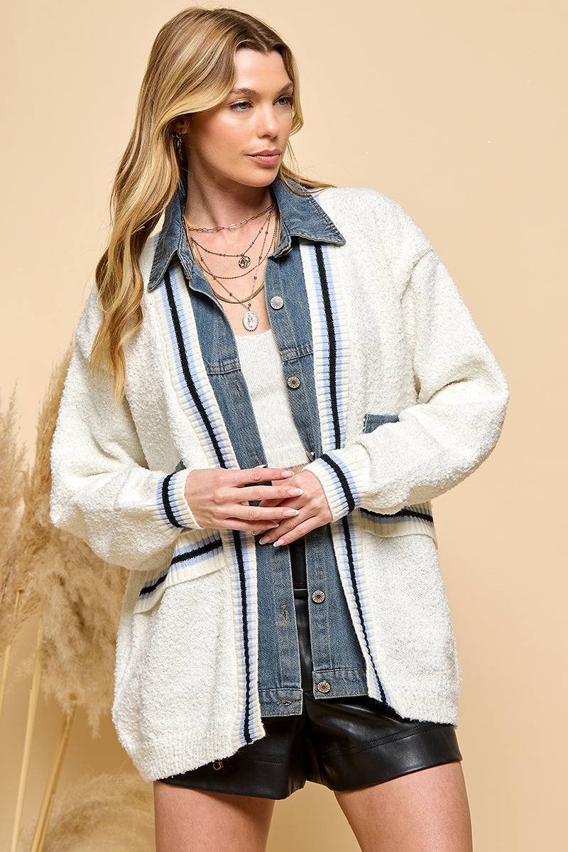 Denim Contrast Knit Cardigan