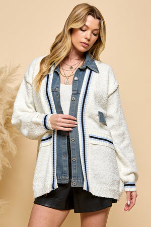 Denim Contrast Knit Cardigan