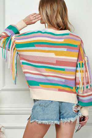 Color Block Tassel Trim Drop Shoulder Sweater