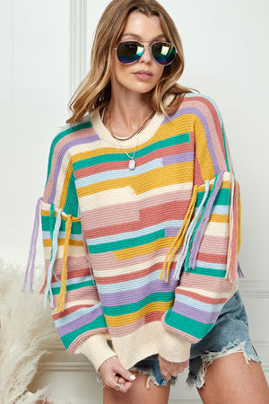 Color Block Tassel Trim Drop Shoulder Sweater