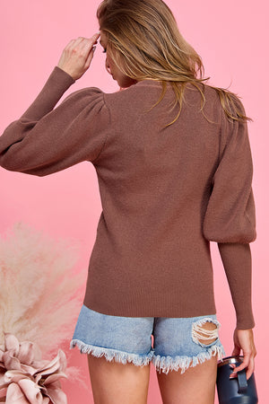 Puff Sleeve Long Sleeve Sweater button detail