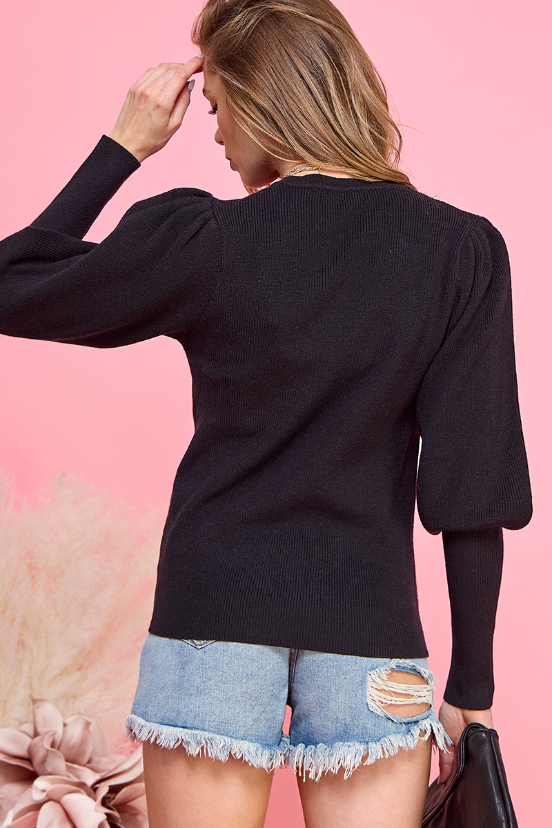 Puff Sleeve Long Sleeve Sweater button detail