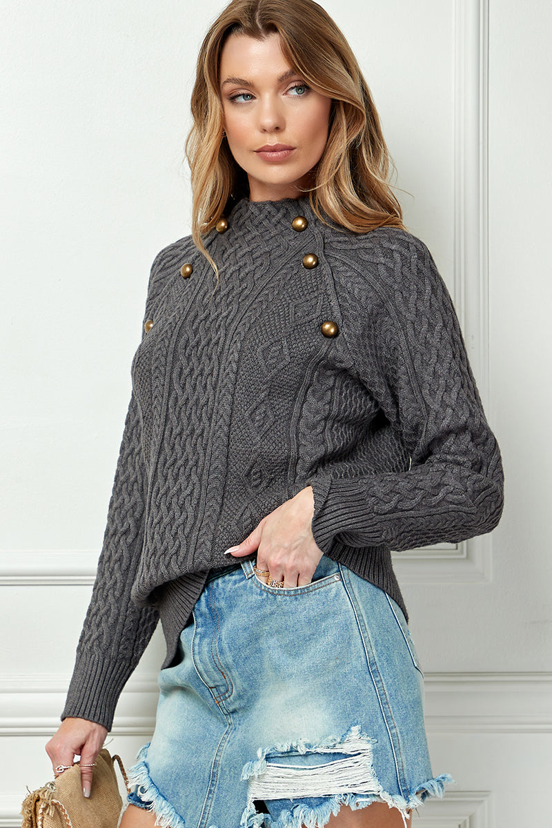 Mock Neck Button Knitted Sweater
