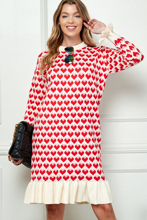 Heart Print Ruffle Knitted  Sweater Dress