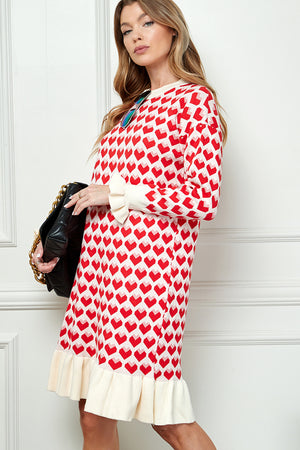 Heart Print Ruffle Knitted  Sweater Dress