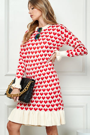 Heart Print Ruffle Knitted  Sweater Dress
