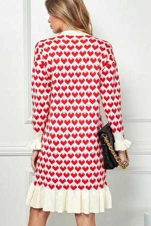 Heart Print Ruffle Knitted  Sweater Dress
