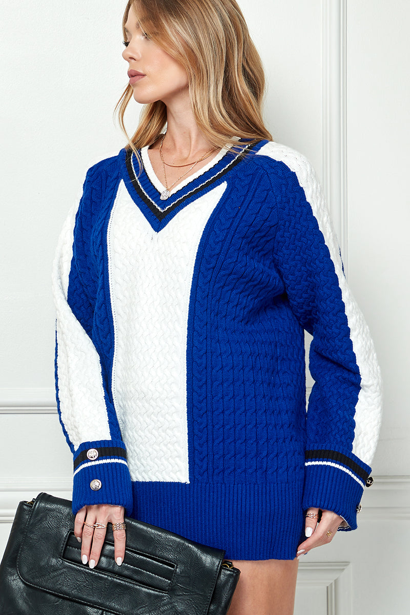 Color Blocked Cable Knit Sweater