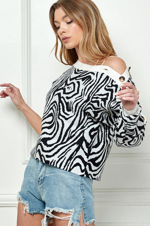 Zebra Patter One side Button Sleeve Sweater
