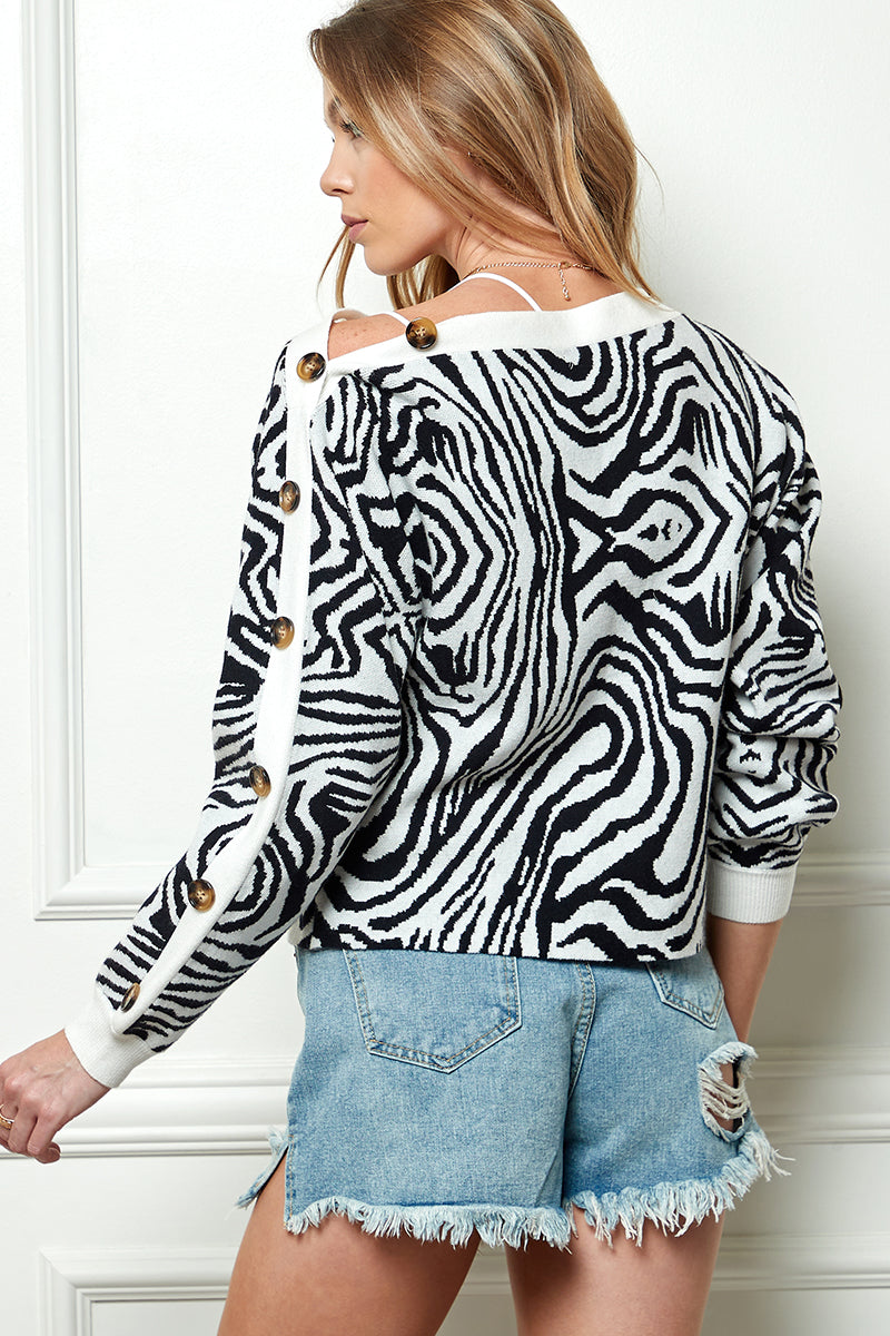 Zebra Patter One side Button Sleeve Sweater